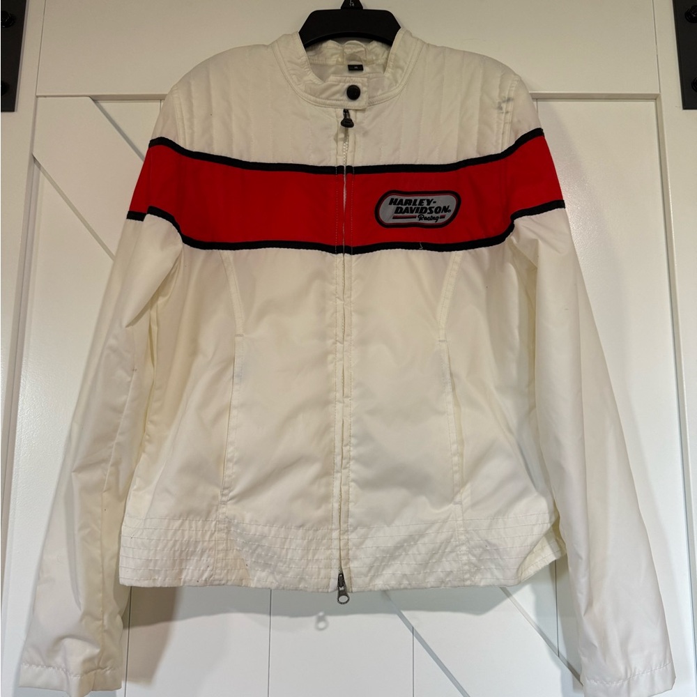 Harley-Davidson White and Orange Bomber Jacket with Retro Style